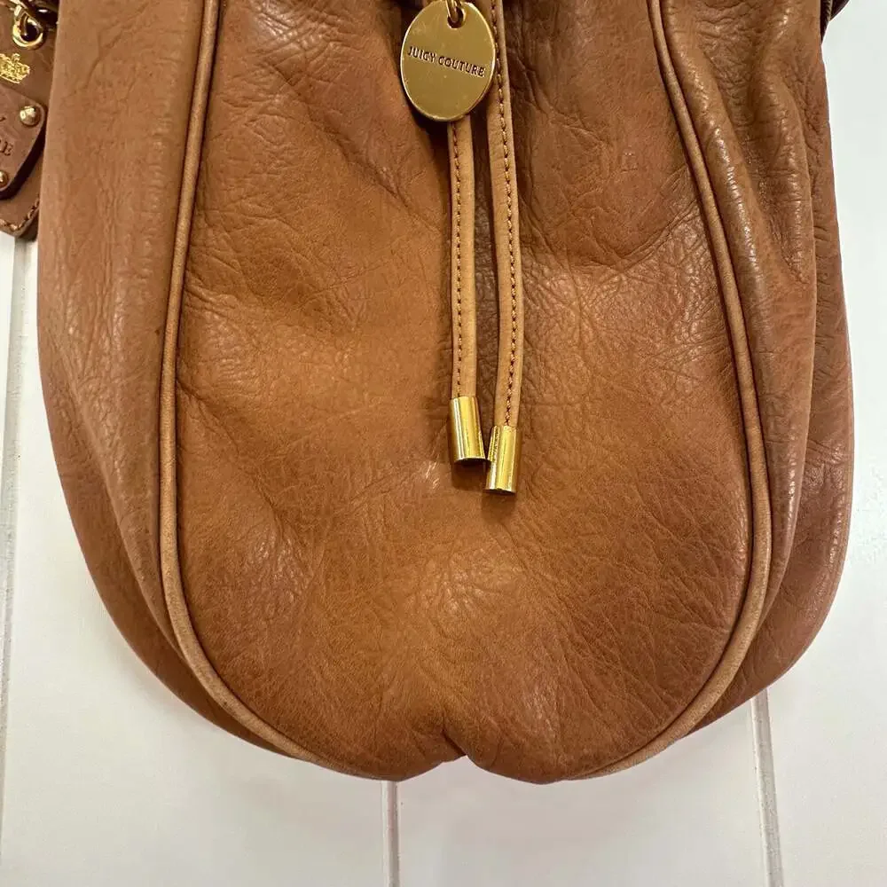 Boho Juicy Couture Brown Pebbled Leather Drawstring Bucket Crossbody Bag